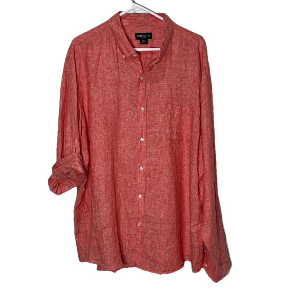 Claiborne Shirt Men’s XXL Slim Fit Red 100% Linen Long Sleeves Button Down - Picture 3 of 6